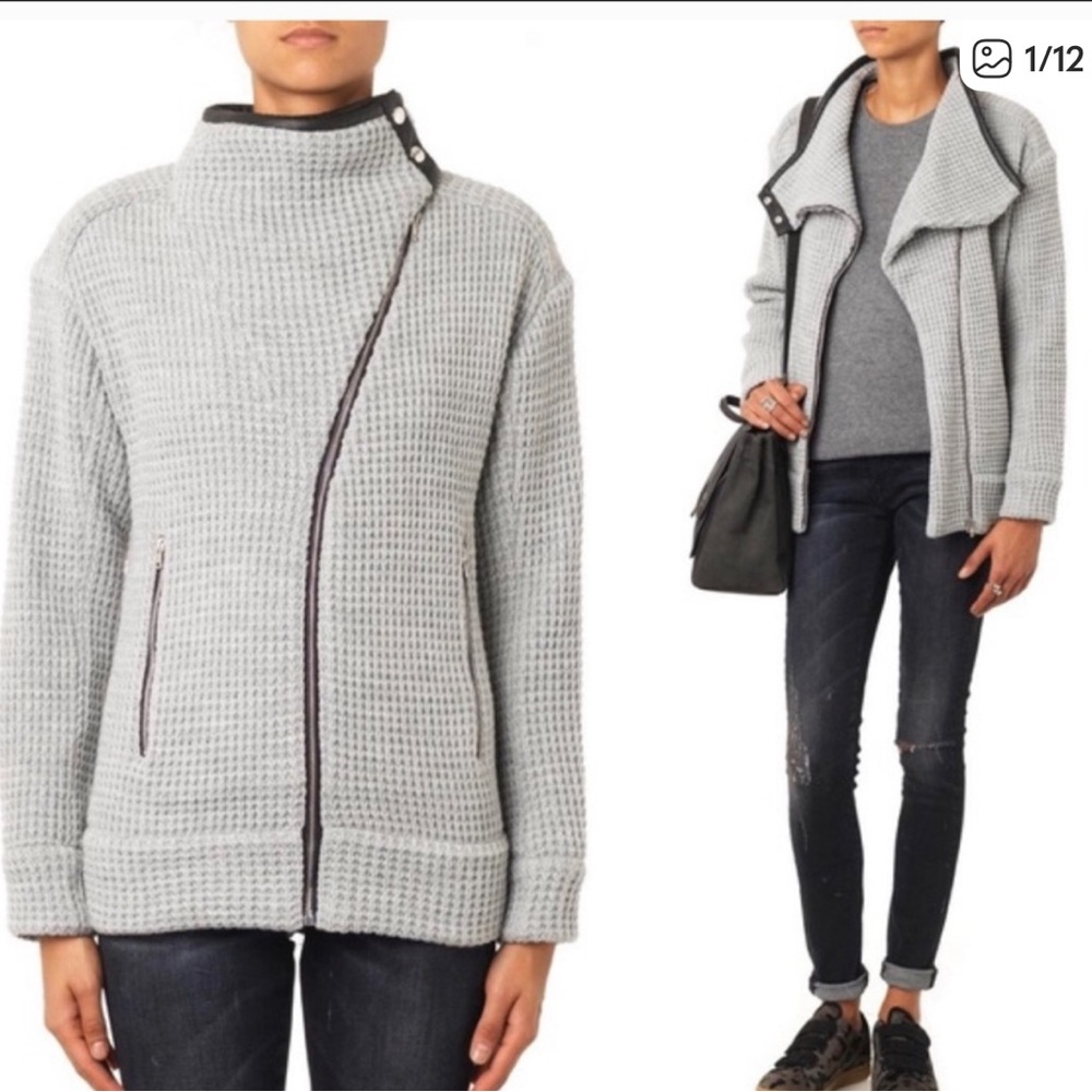IRO Jacket Chelane Lamb Leather Trim Wool Blend Gray Waffle Knit Moto